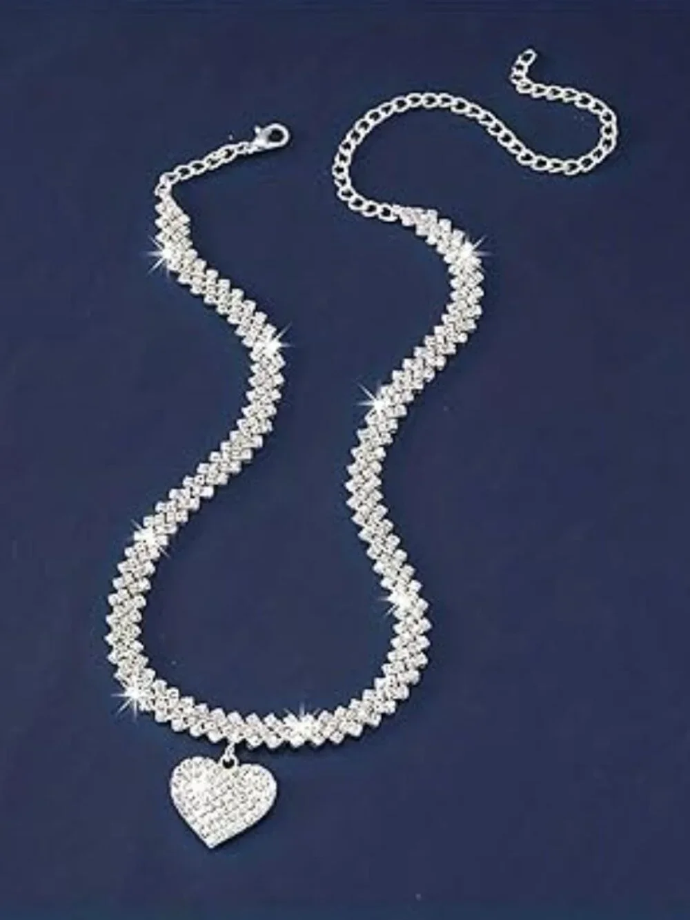 Silver Rhinestone Heart Necklace‎ Adjustable Bling Statement Jewelry